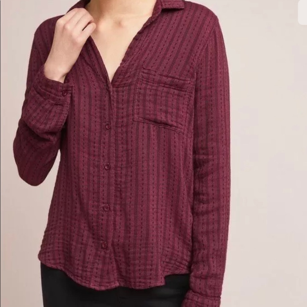 Anthropologie Cloth & Stone Tulane Button Down Shirt Burgundy and Black size XS - Picture 2 of 6